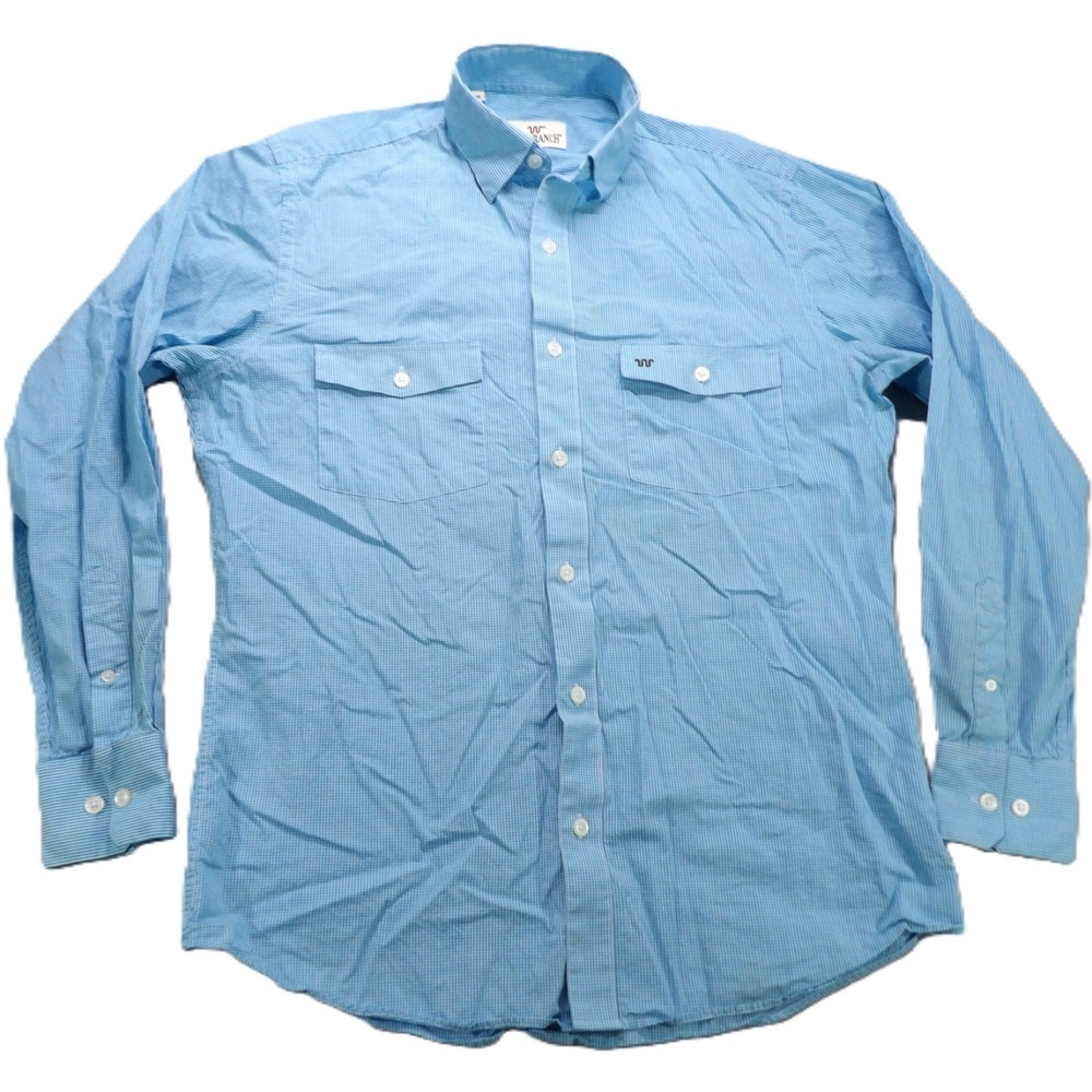 King Ranch Shirt Men Medium M Blue Gingham Check Long Sleeves Button Down Cotton